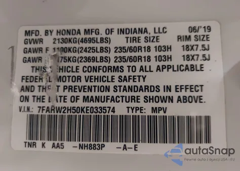 2019 Honda Cr-V Ex z USA, uszkodzony, nr VIN 7FARW2H50KE033574